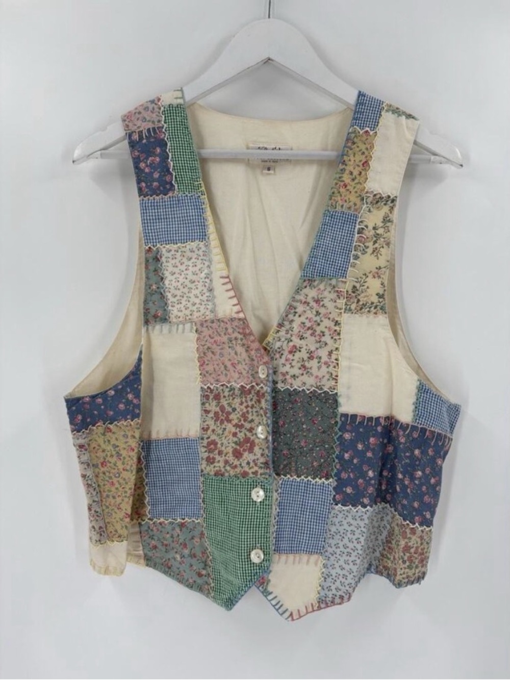 Susan Bristol Vintage Vest Womens Small Beige Patchwork Quilted Cottagecore